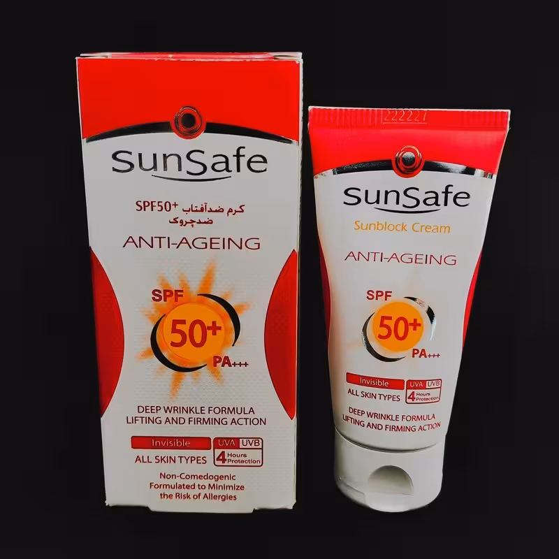 کرم ضد افتاب سان سیف spf50 ضد چروک بدون رنگ مناسب اقایان و خانم ها  با مدت شارژ 4 ساعته ضد اب مقاوم در برابر الودگی هوا