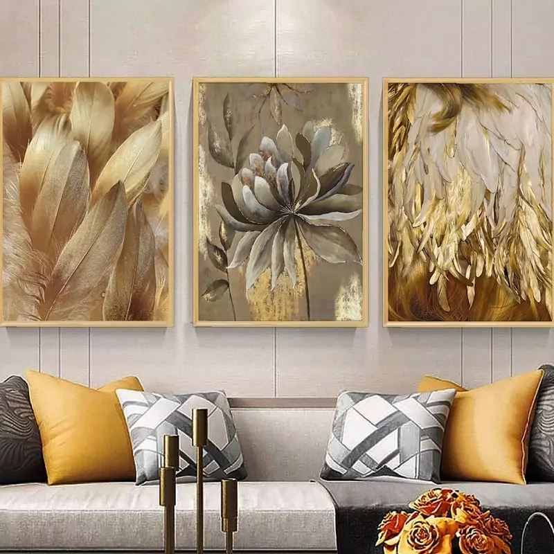 تابلو دکوراتیو  گل و پرهای طلایی سه تیکه منظم سه عدد35 در 50 | دنیای قاب