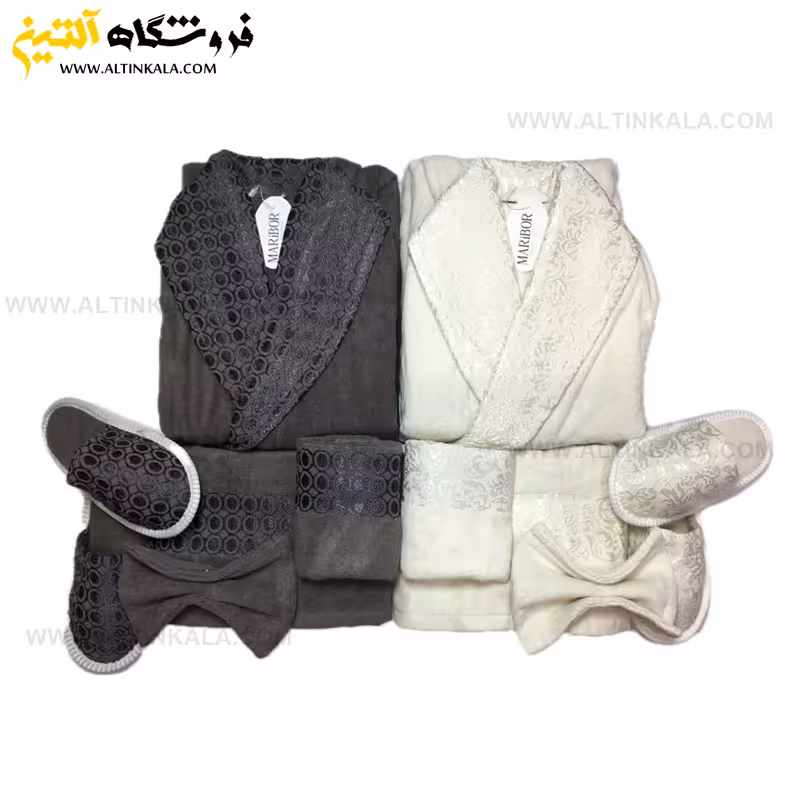 سرویس حوله عروس و داماد 12تکه یقه ابریشم برند MARIBOR