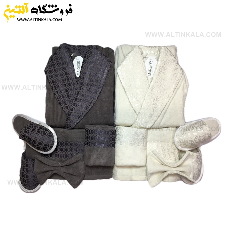 سرویس حوله عروس و داماد 12تکه یقه ابریشم برند MARIBOR