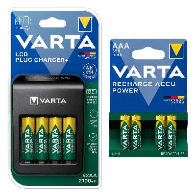  شارژر باتری وارتا مدل LCD PLUG CHARGER به همراه چهار عدد باتری نیم قلمی