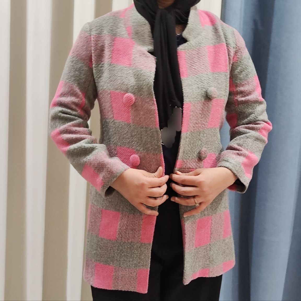 کت پشمی چهارخانه زنانه سایز  36-38 به رنگ صورتی خاکستری