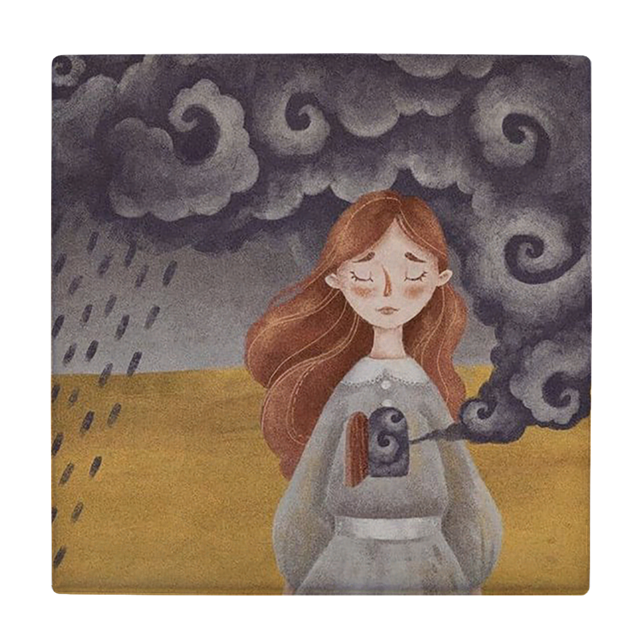 کاشی کارنیلا طرح دختر غمگین، باران و کویر مدل لوحی کد WKB875 