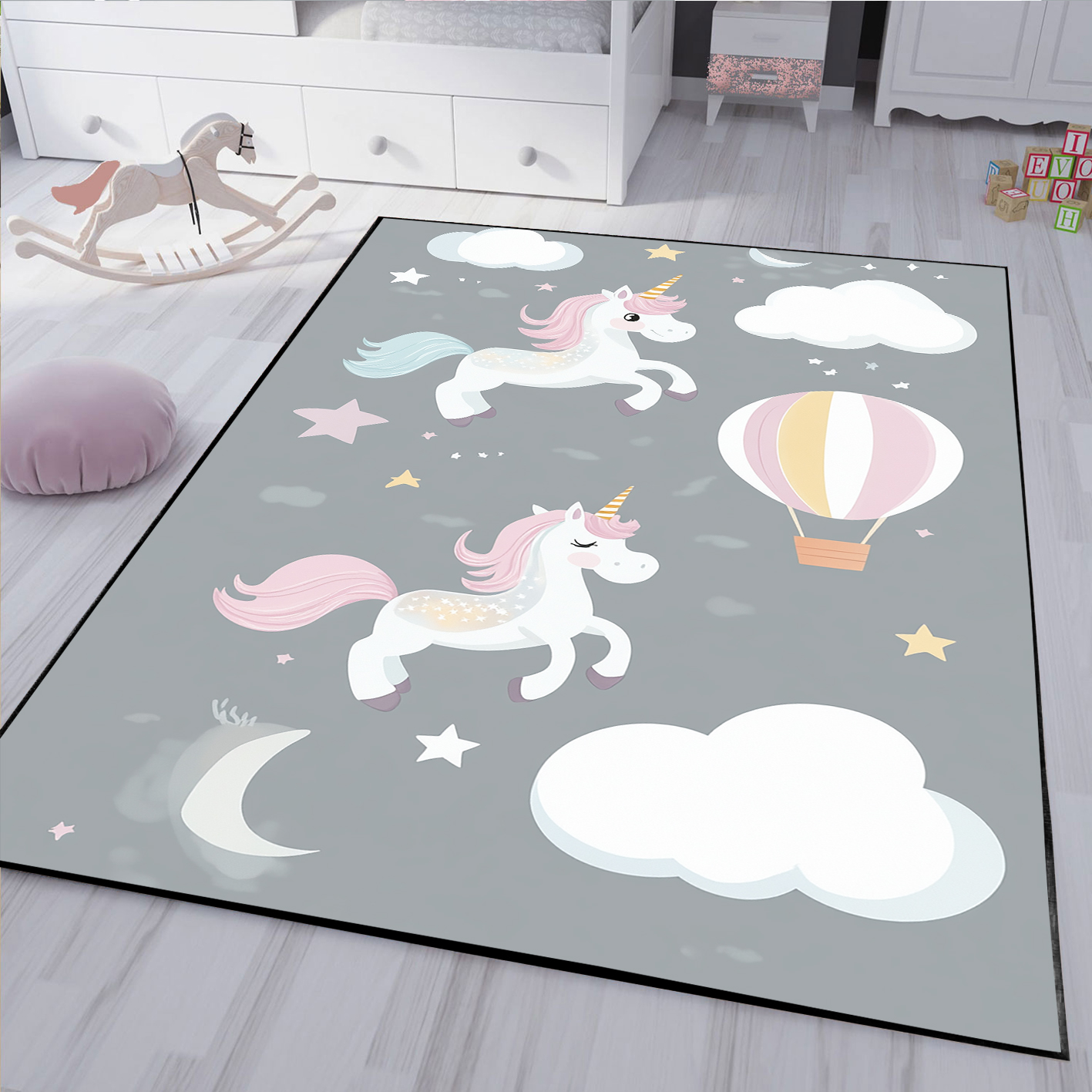 فرشینه تکشاخ و بالن با زمینه ابر و ستاره HQ-3265