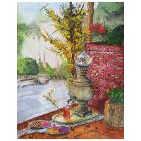 تابلو نقاشی آبرنگ طرح حیاط قدیمی