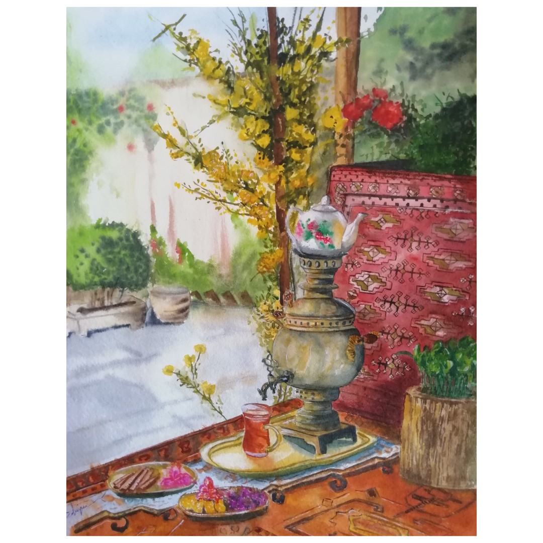 تابلو نقاشی آبرنگ طرح حیاط قدیمی