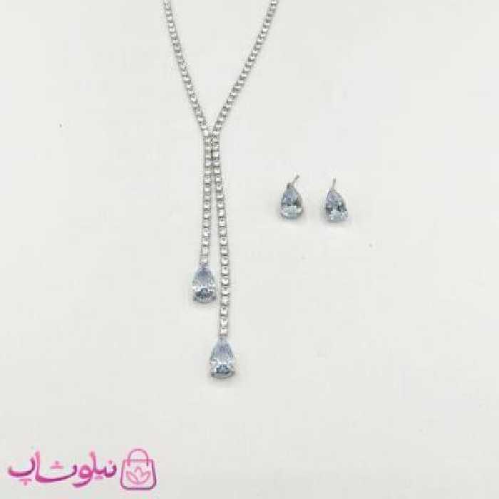 نیم ست زنانه تنیسی آویز بلند طرح کریستال اشکی آبی روشن کد 600