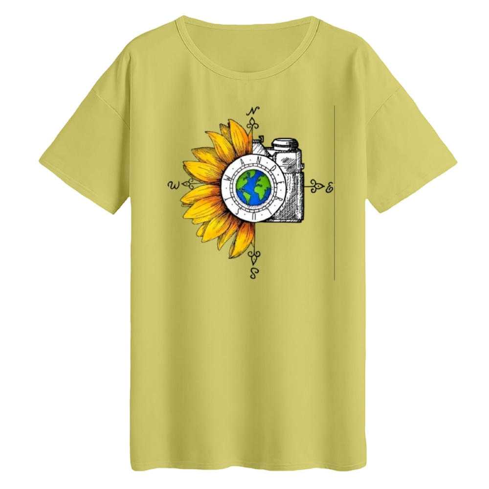 تی‌شرت لانگ آستین کوتاه زنانه مدل دوربین و آفتابگردان رنگ لیمویی