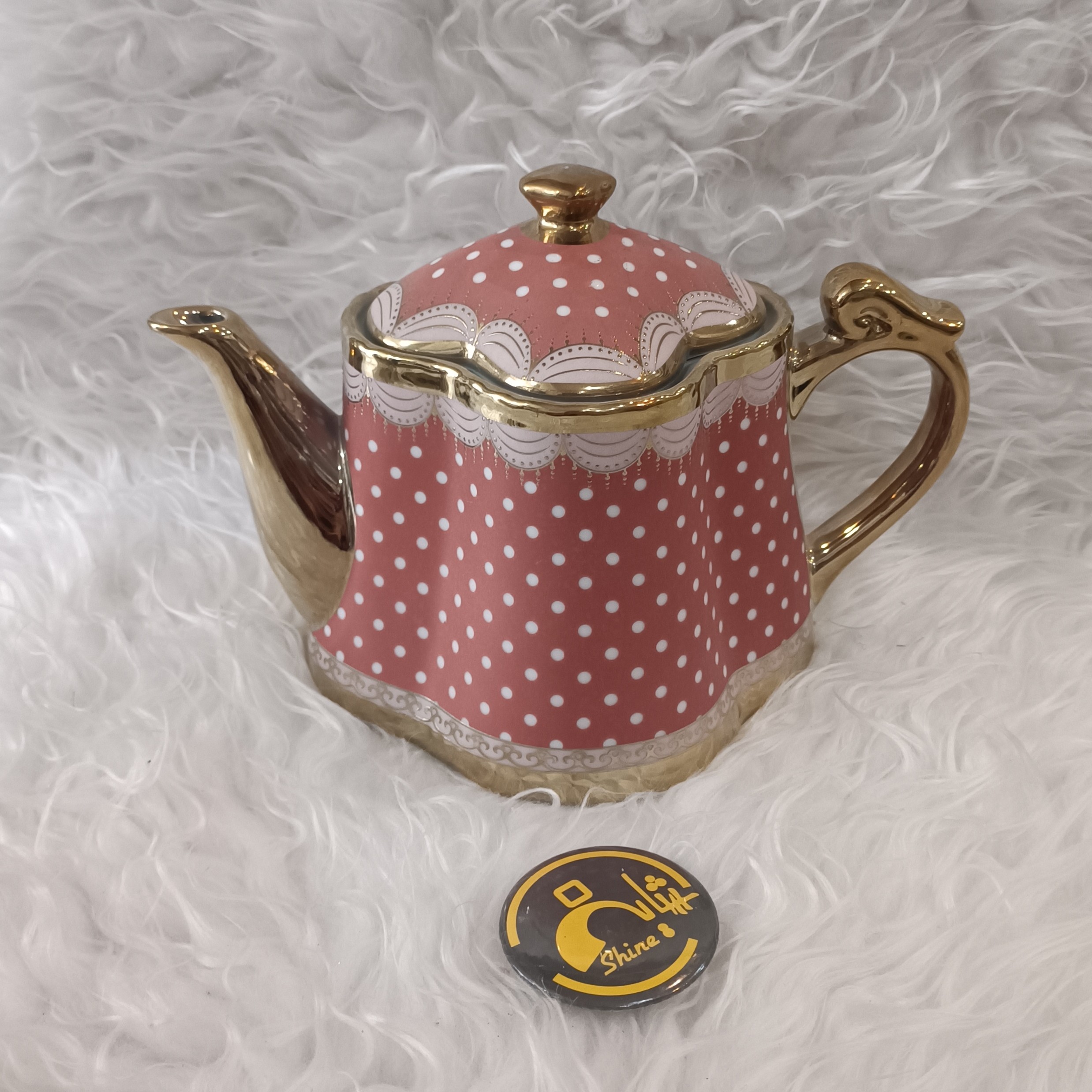 قوری چینی طلایی شش ضلعی خالدار 