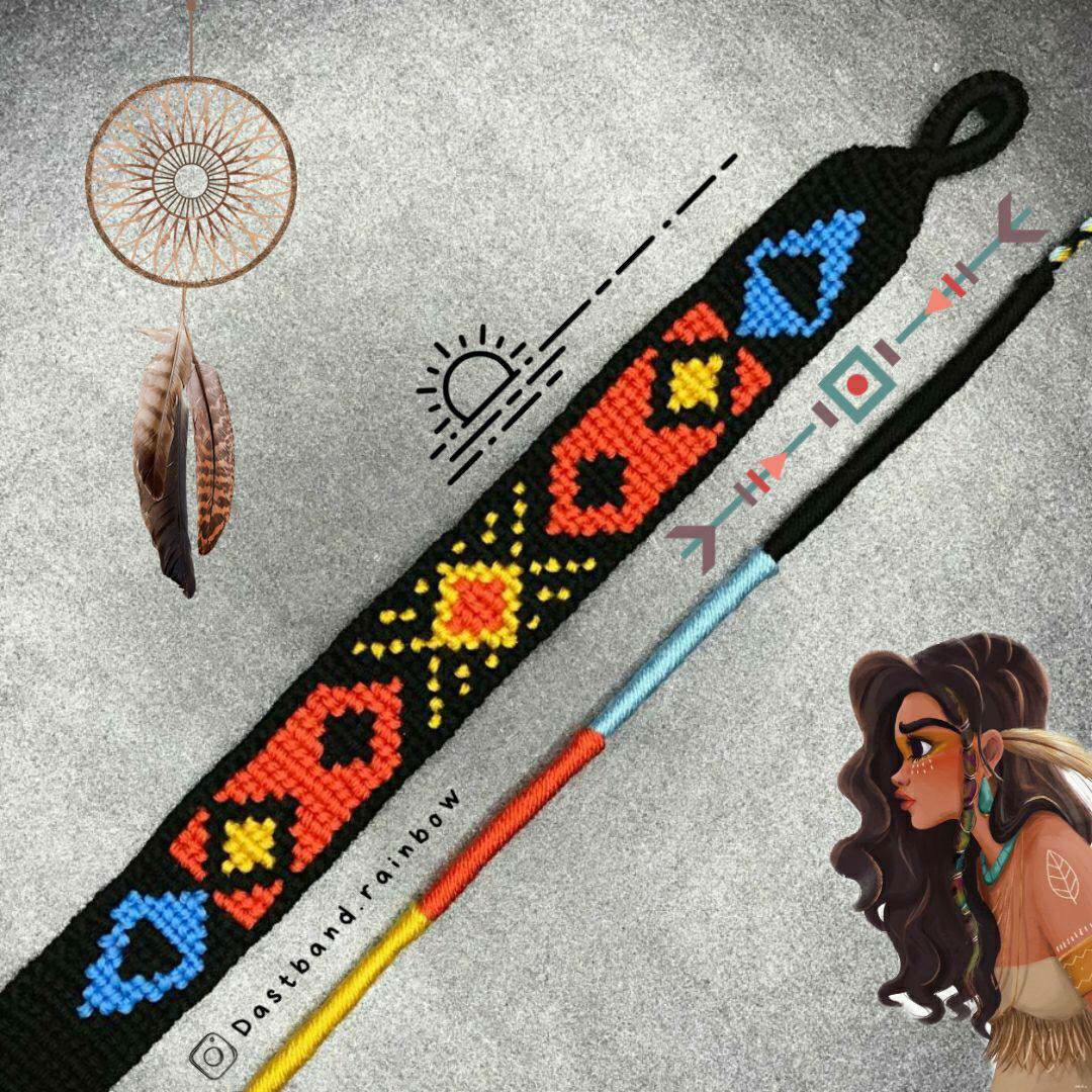 دستبند و پابند بافتنی طرح سنتی مشکی نارنجی آبی زرد