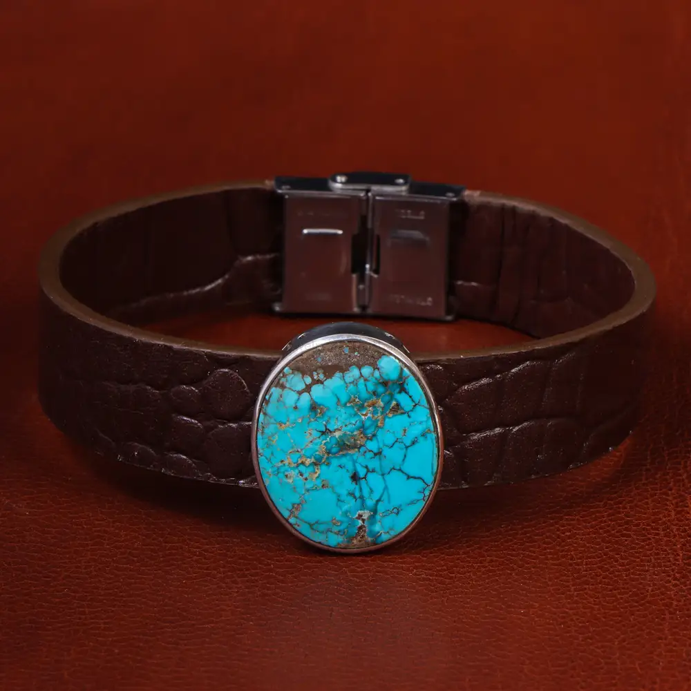 دستبند چرم فیروزه کد 22982 - جواهری مشاهیر