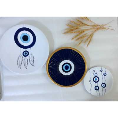 بشقاب دیوارکوب سفالی طرح چشم نظر کد FF001 مجموعه 3 عددی