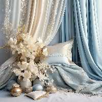 بک دراپ عکاسی عروس با پرده های آبی و کرم | گرافیک با طعم تربچه