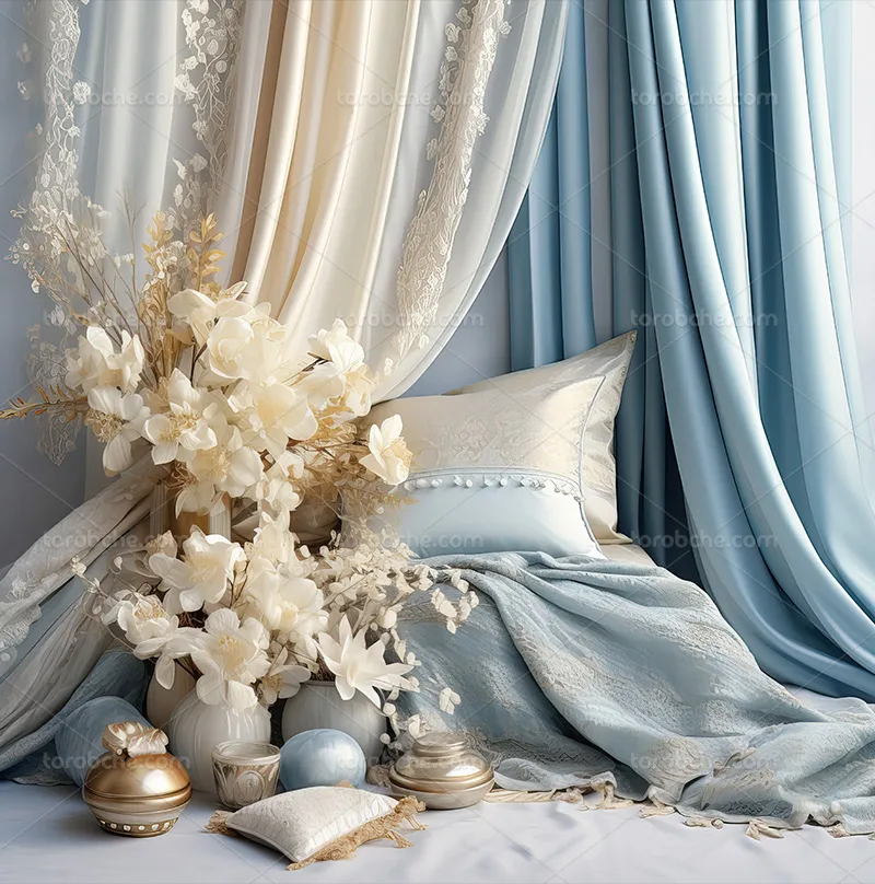 بک دراپ عکاسی عروس با پرده های آبی و کرم | گرافیک با طعم تربچه