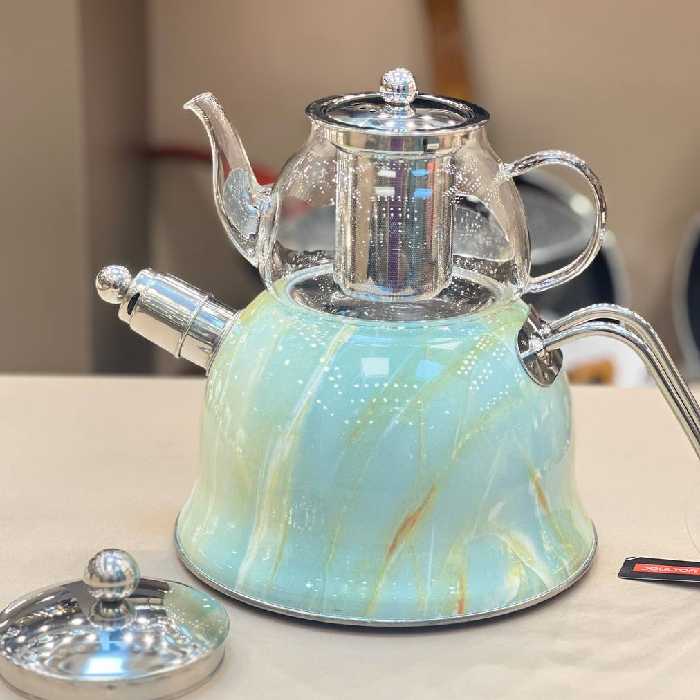 ست کتری  قوری سوتی کف چدن با قوری پیرکس 