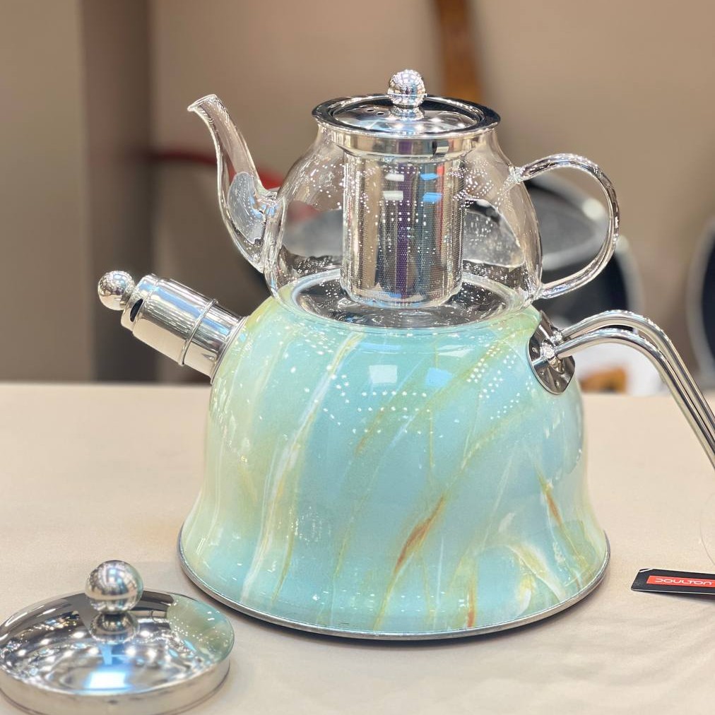 ست کتری  قوری سوتی کف چدن با قوری پیرکس