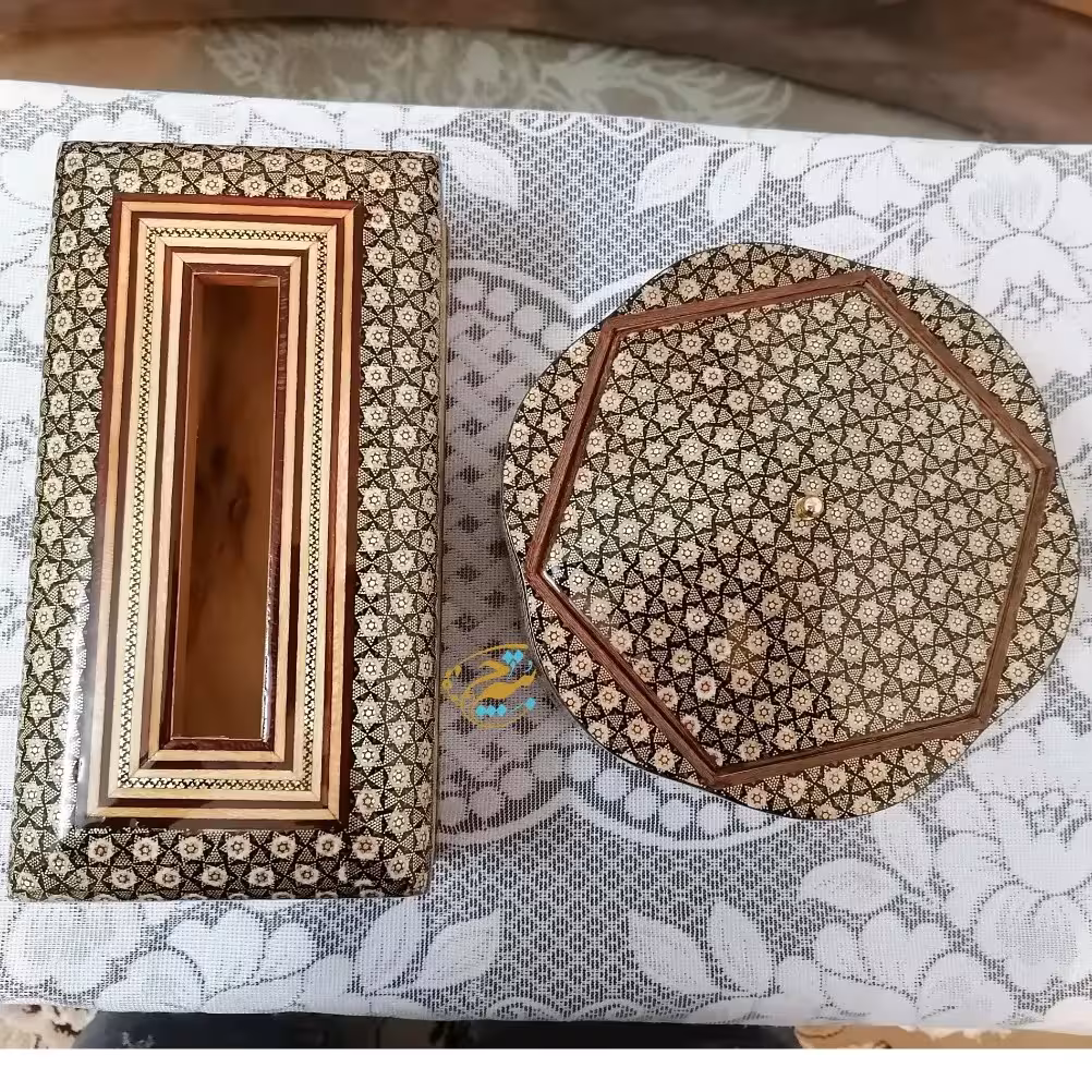 ست شکلات خوری و جعبه دستمال خاتم کاری مدل بلک پره وارو