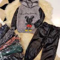 ست اسپرت کبریتی چرم  مناسب سن 5 سال تا ده سال بلوز کتان کبریتی شلوار چرم 