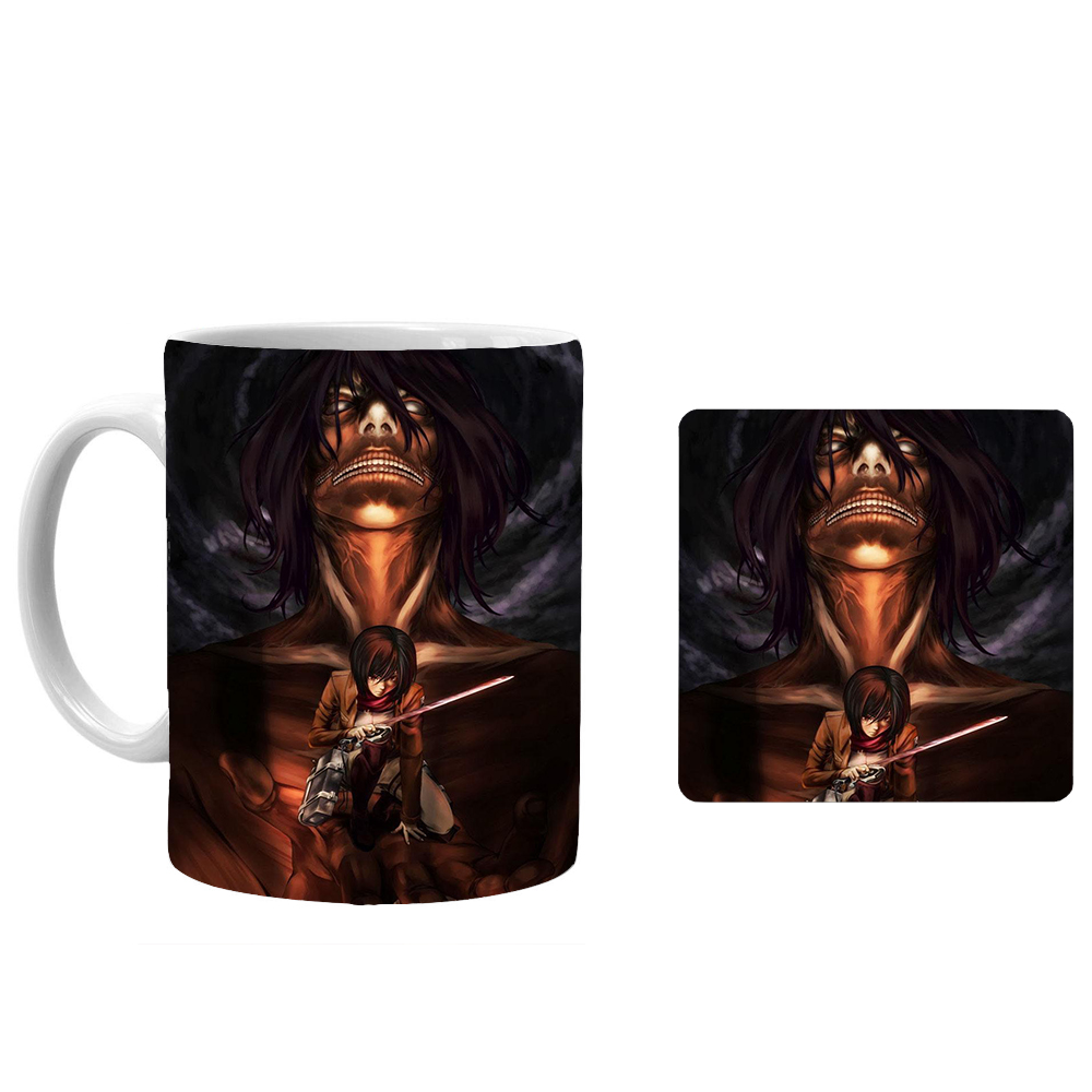 ماگ طرح انیمه Attack on Titan به همراه با زیرلیوانی