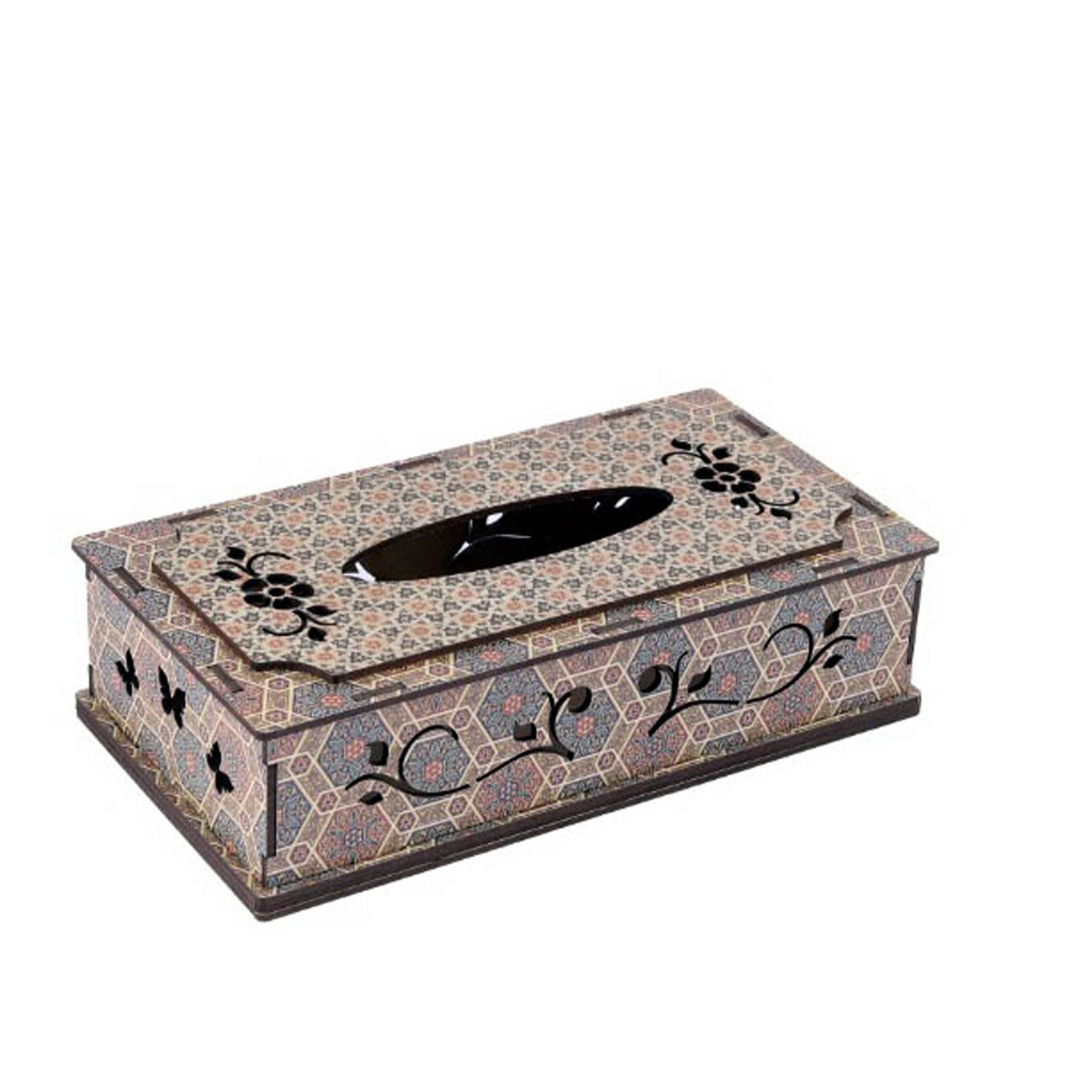 جعبه دستمال متوسط طرح مینا کاری جعبه دستمال کاغذی چوبی کشویی طرح گل و پروانه (پس کرایه)