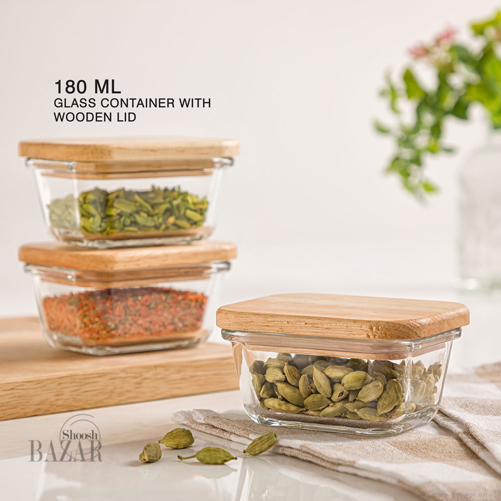 ظرف شیشه ای مستطیل 180 میلی لیتری درب چوبی لیمون کد 2187