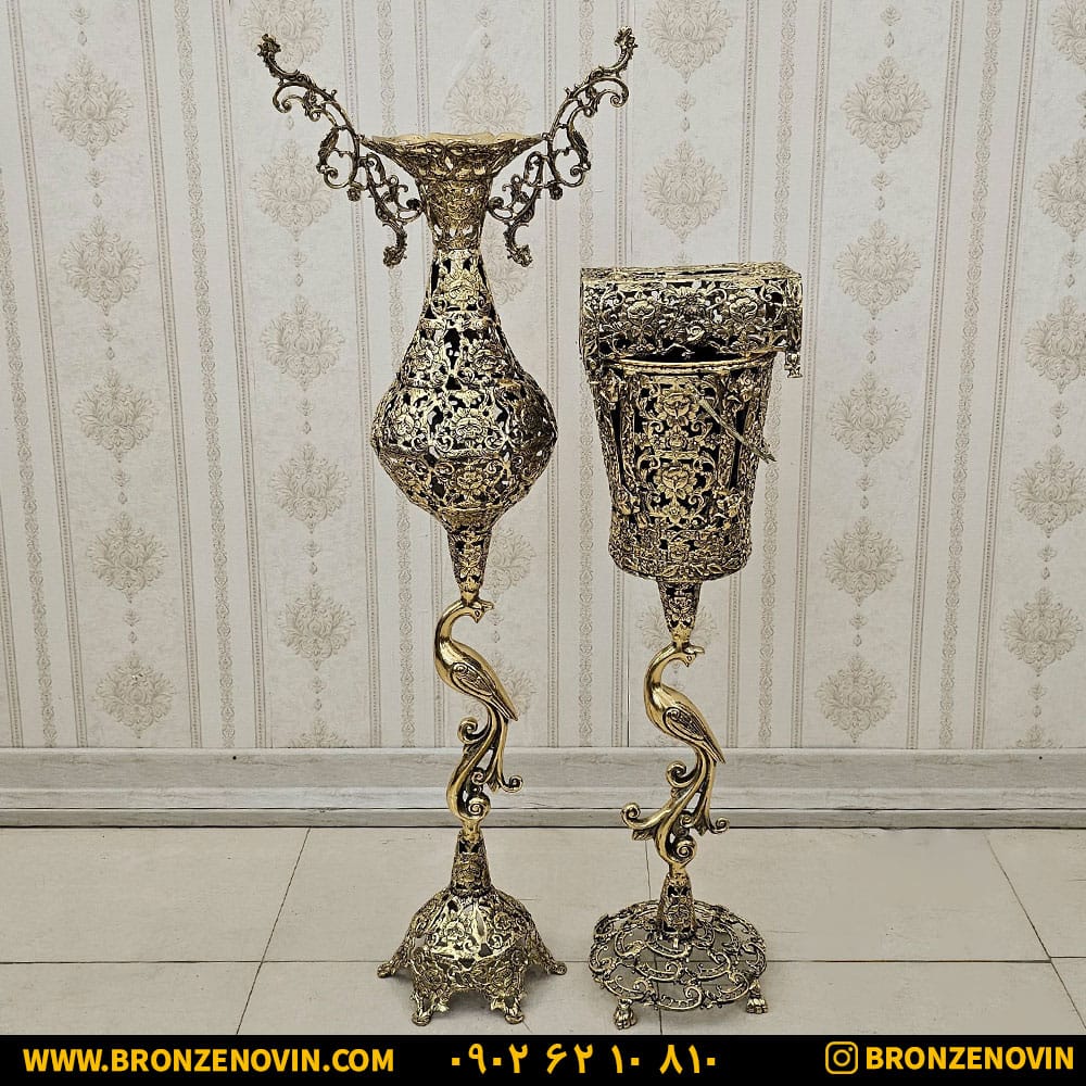 ست سطل و دستمال و گلدان کنارسالنی برنز مدل رز پایه درنا کد 1797