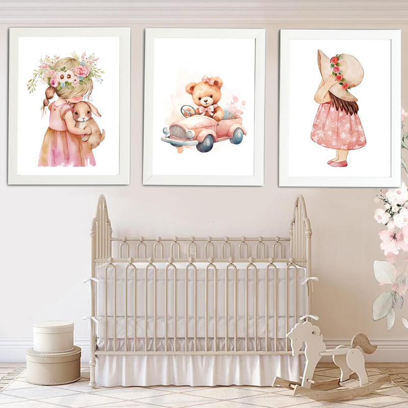 تابلو اتاق کودک مدل دختر زیبا و خرگوش و تدی ماشین سوار مجموعه 3 عددی | دنیای قاب