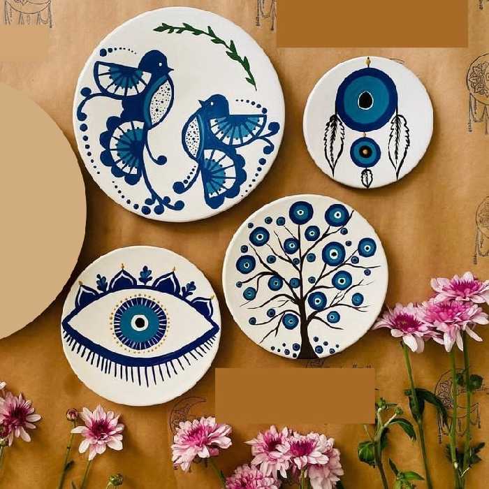 بشقاب دیوارکوب سفالی طرح چشم نظر کد 210 مجموعه 4 عددی