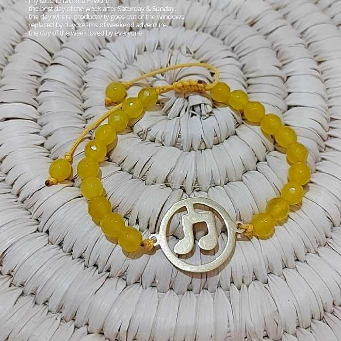 دستبند سنگ عقیق زرد (شرف الشمس) با پلاک نت موسیقی استیل