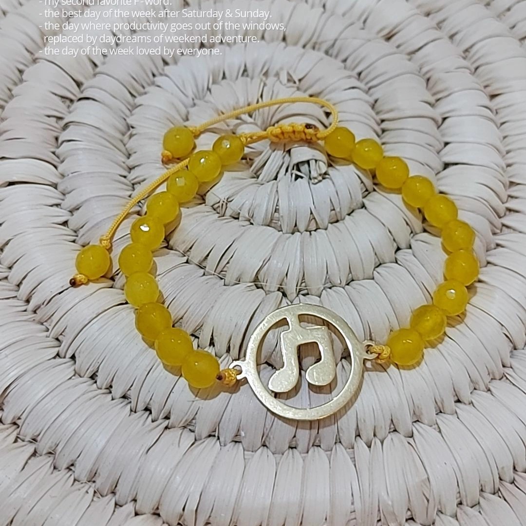 دستبند سنگ عقیق زرد (شرف الشمس) با پلاک نت موسیقی استیل