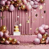 بک دراپ عکاسی تولد با بادکنک صورتی و طلایی | گرافیک با طعم تربچه