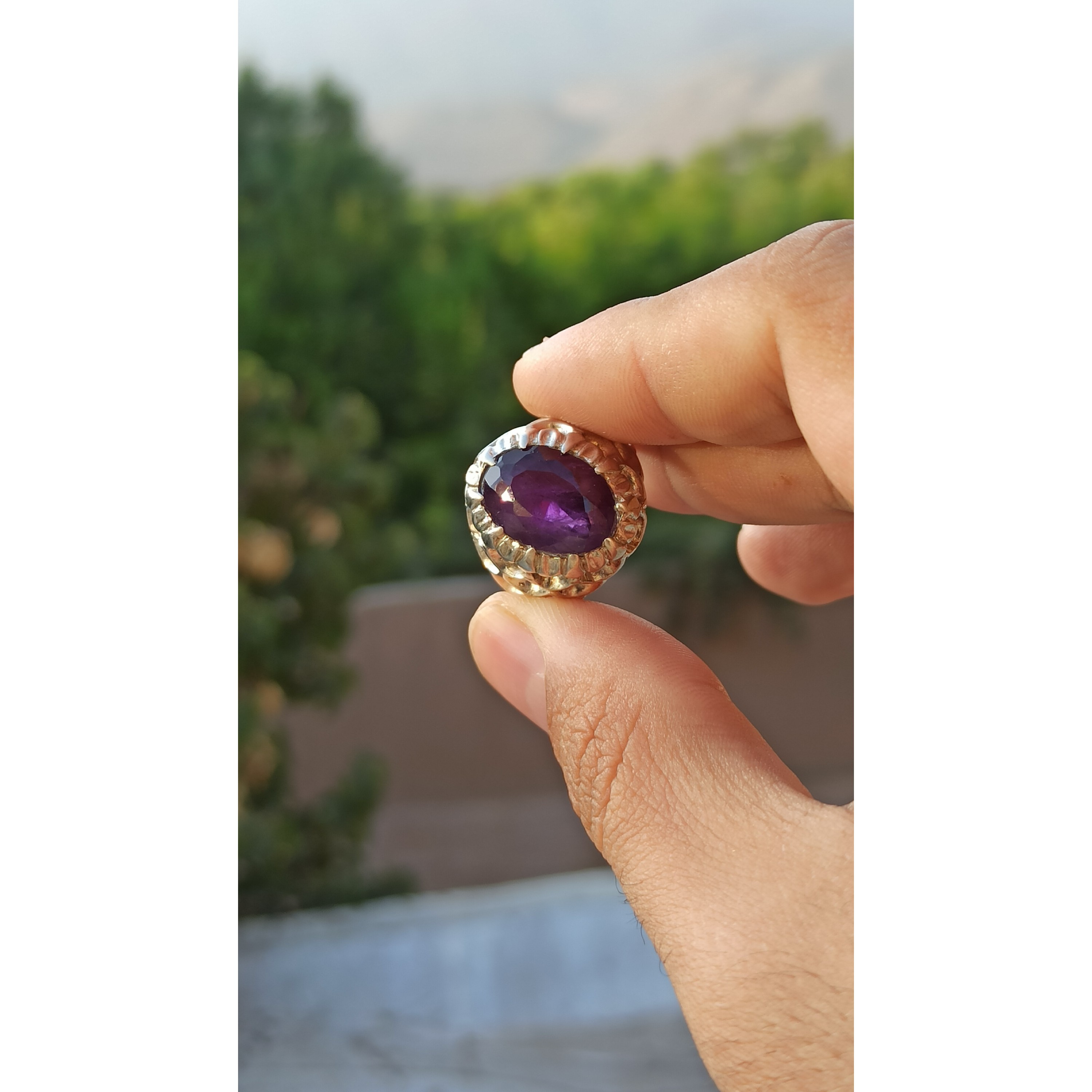 انگشتر آمیتیس معدنی و پررنگ مردانه رکاب نقره طرح پولکی