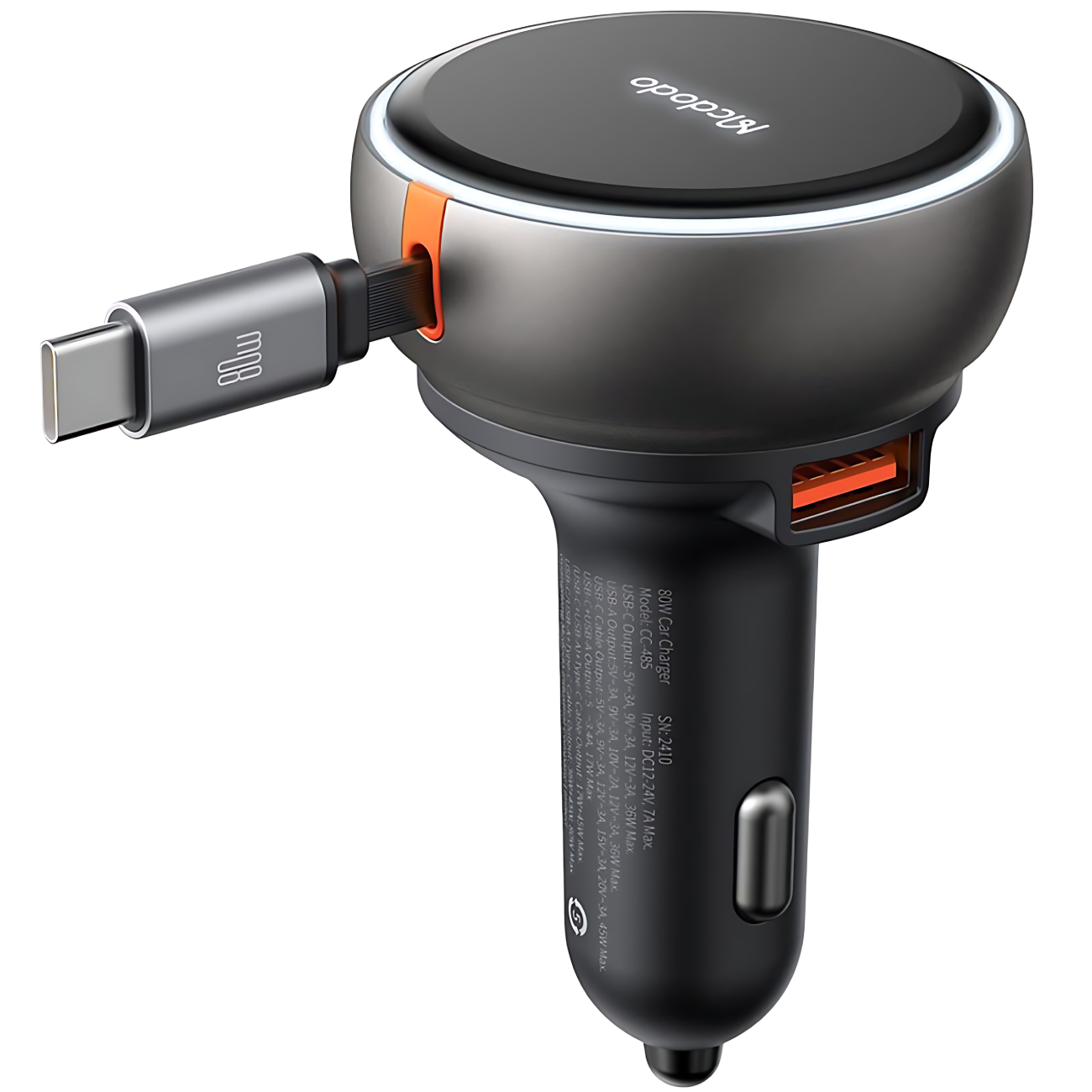 شارژر فندکی فست شارژ ماشین تایپ سی 80 وات با کابل جمع شونده تایپ سی مک‌دودو CC-4850