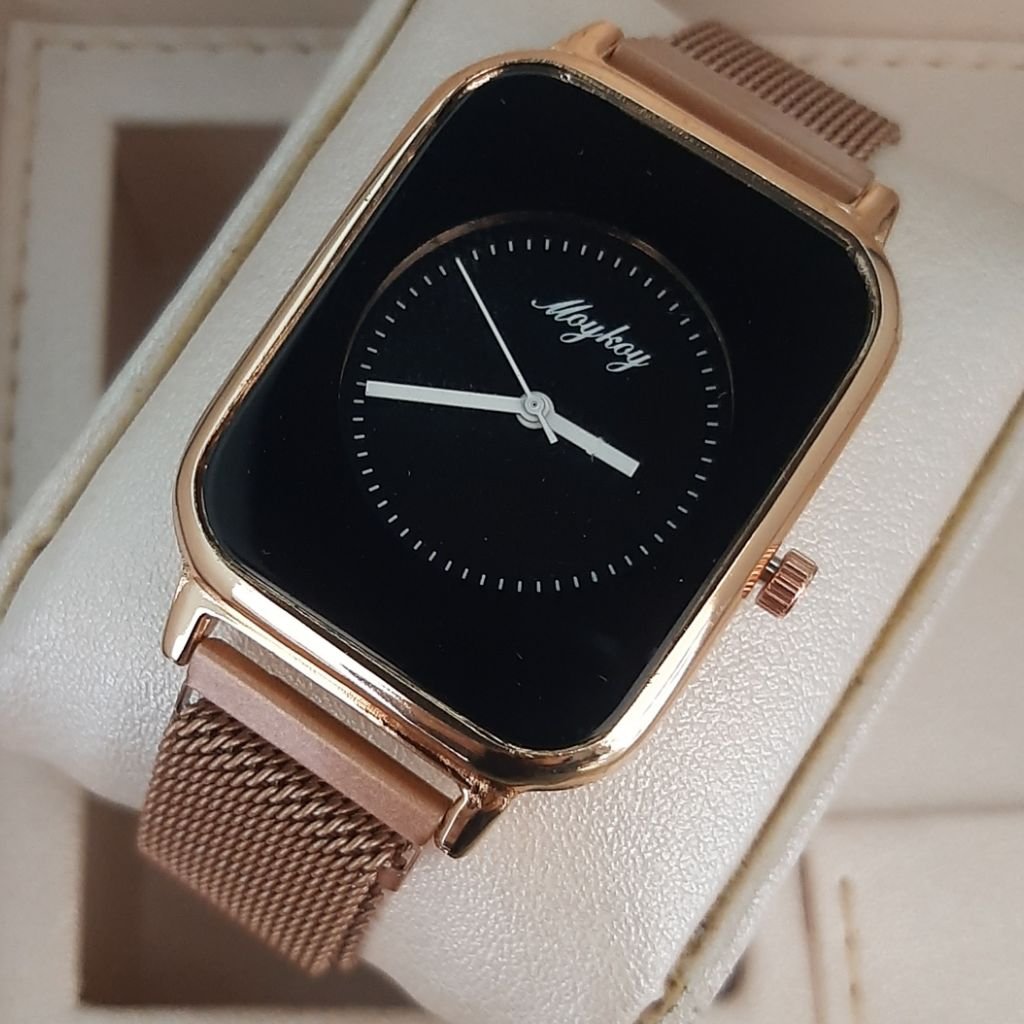ساعت مچی طرح اپل بندمگنتی حصیری رزگلد صفحه مشکی