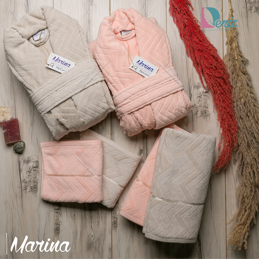 حوله ست دو نفره مارینا رنگ کرم و گلبهی