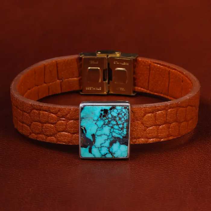 دستبند چرم فیروزه کد 22968 - جواهری مشاهیر