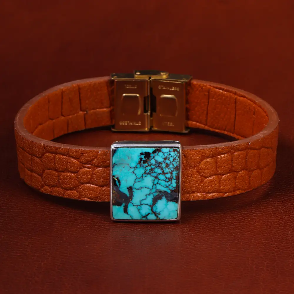 دستبند چرم فیروزه کد 22968 - جواهری مشاهیر