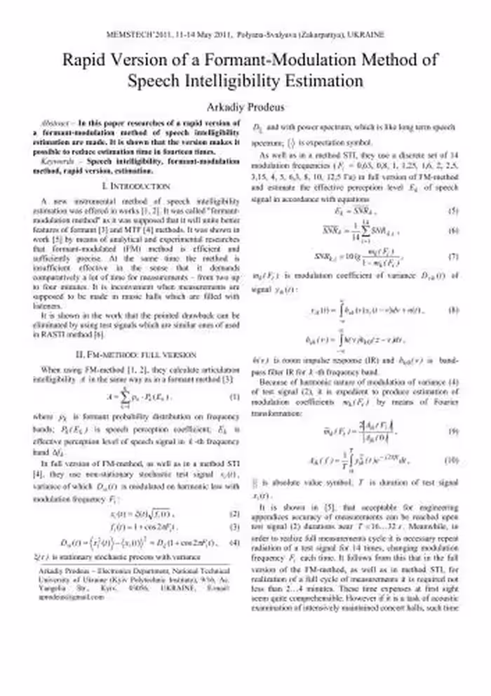 خرید و دانلود نسخه کامل کتاب Rapid Version of a Formant-Modulation Method of Speech Intelligibility Estimation
