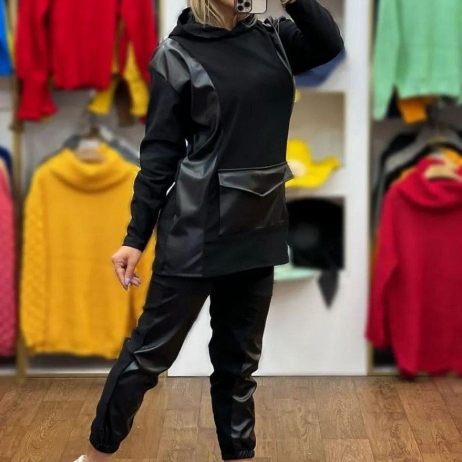 ست هودی شلوار مشکی کتون و چرم