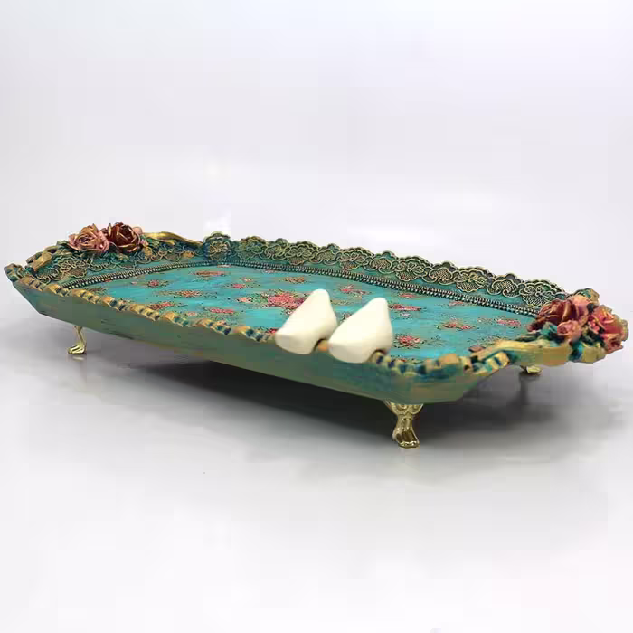 سینی مدل باغ فیروزه ای و پرنده 