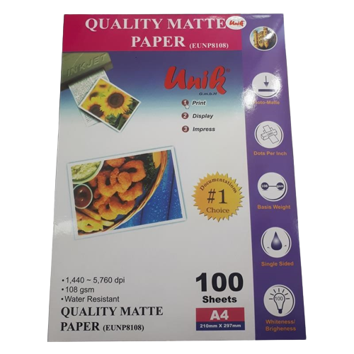 کاغذ کوتد آ4 یونیک 108 گرم مدل : EUNP8108