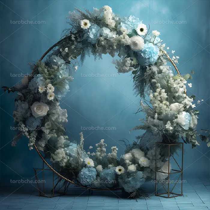 بک دراپ عکاسی عروس با حلقه گلهای آبی | گرافیک با طعم تربچه