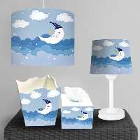 ست چراغ رومیزی و لوستر کودکانه طرح ماه با زمینه آسمان آبی و ابر BA-9270