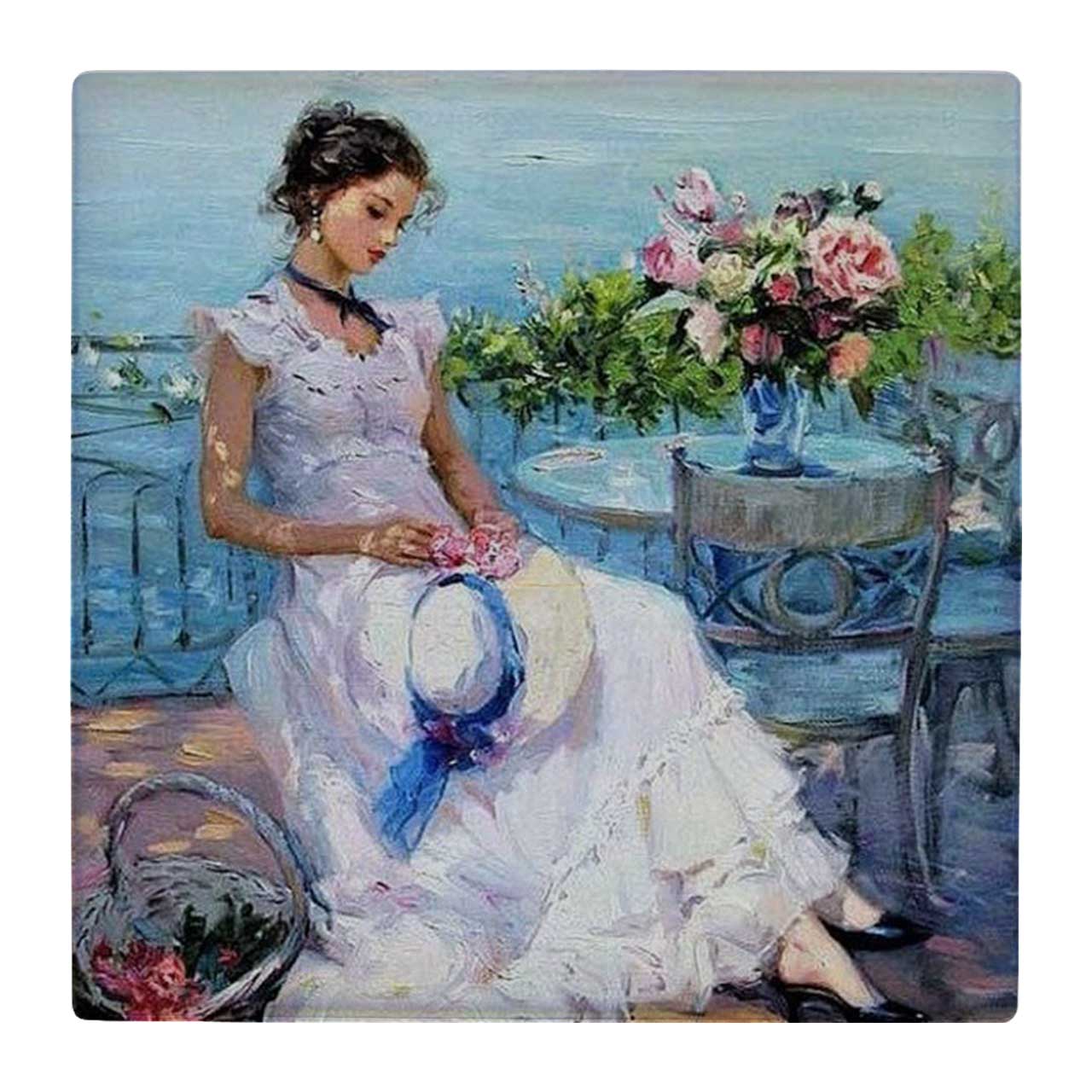  کاشی کارنیلا طرح نقاشی بانو و کافه ساحلی کد wk4758