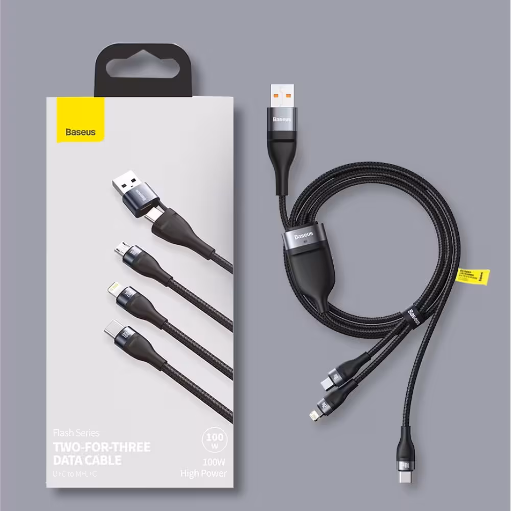 کابل شارژ 100 وات سه سر Flash Series  بیسوس Baseus Flash Series Two-for-three Fast Charging Data Cable U C to M L C 100W