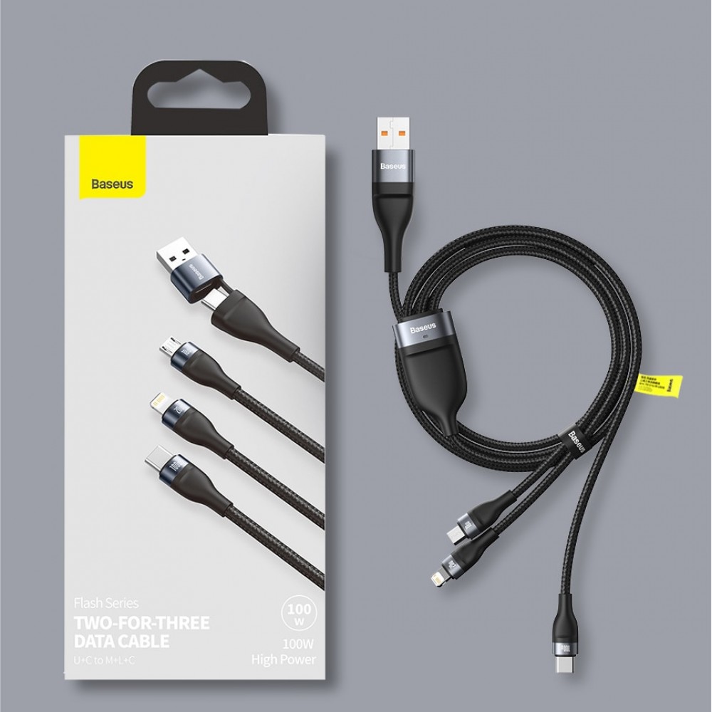 کابل شارژ 100 وات سه سر Flash Series بیسوس Baseus Flash Series Two-for-three Fast Charging Data Cable U C to M L C 100W