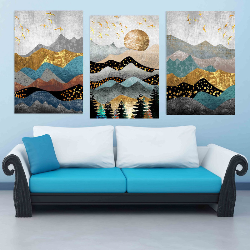 تابلو شاسی دنیای قابطرح نقاشی مدرن انتزاعی و کوه مدل SH-1552 مجموعه 3 عددی | دنیای قاب