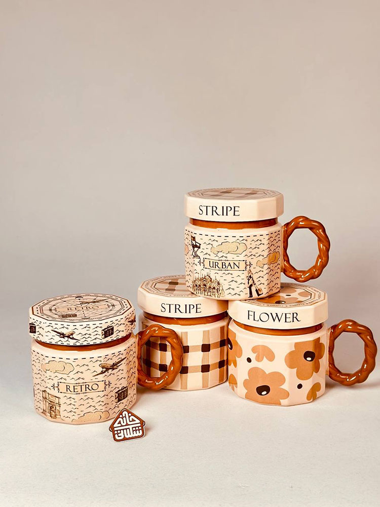 ماگ درب دار چندضلعی کرم قهوه ای کد002347