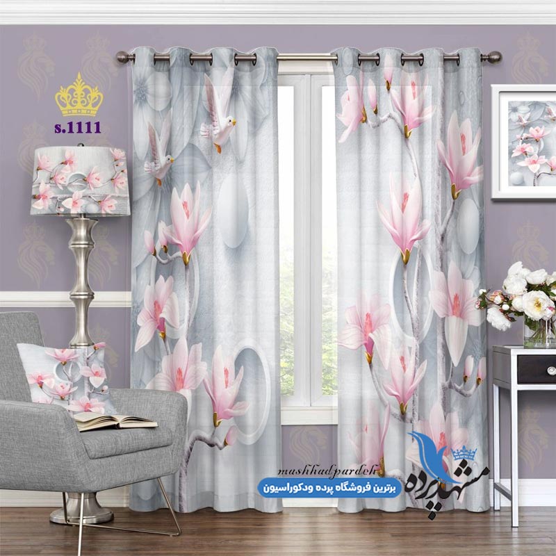 پرده پانچ گلدار طرح شاخه گل و پرنده کد s-1111