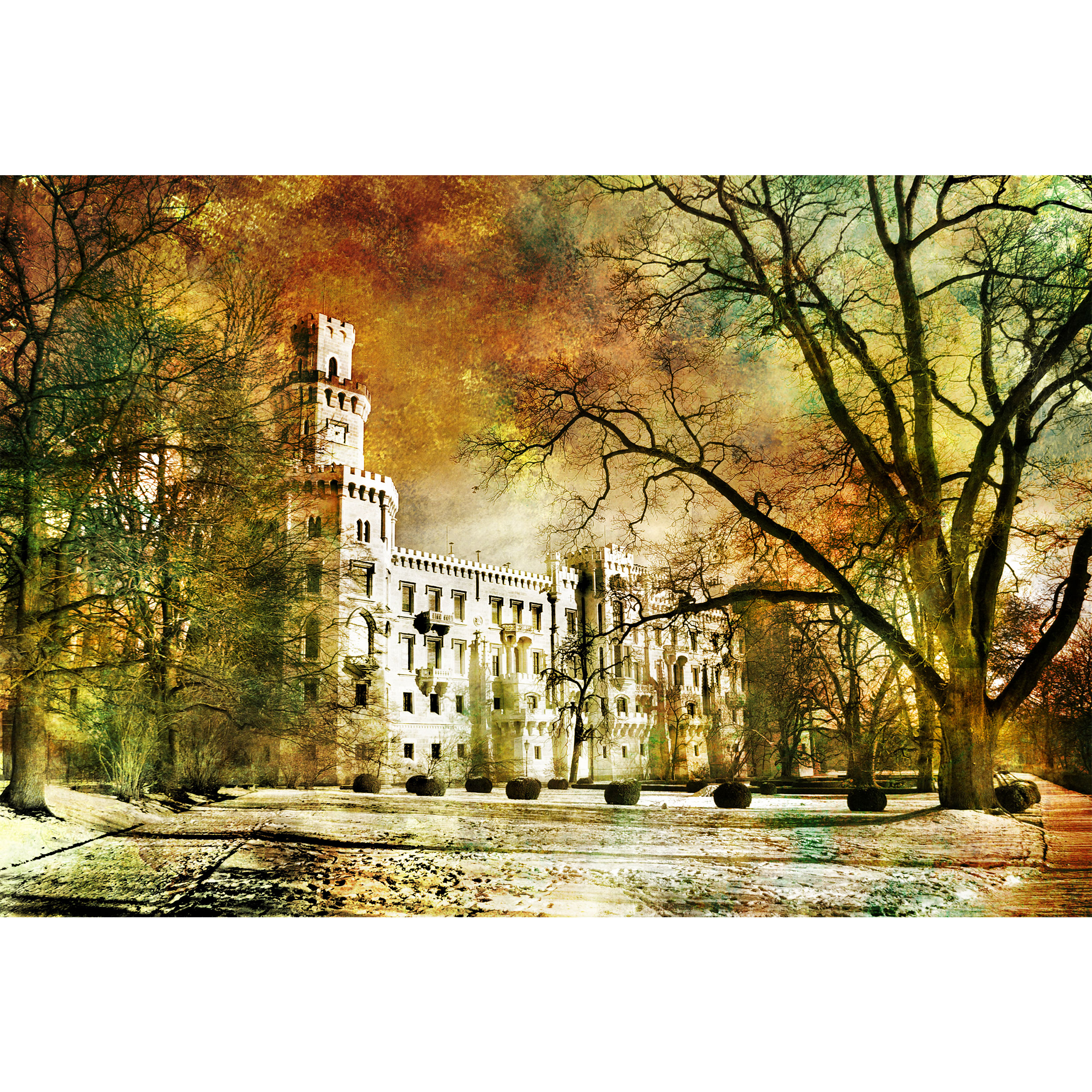 تابلو شاسی طرح پاییز برج سفید و درخت خشکیده مدل T1022